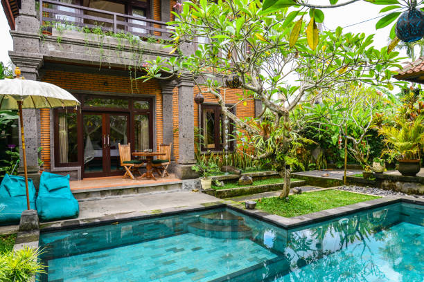 istock Garden on back yard with swimming pool 1675063932