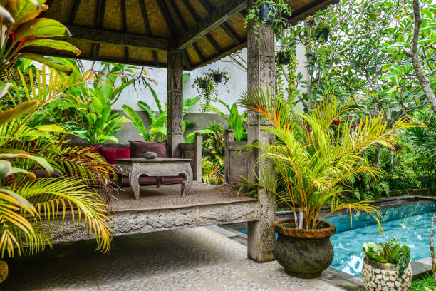 Cozy gazebo near swimming pool in traditional balinese house for rent, Ubud, Indonesia