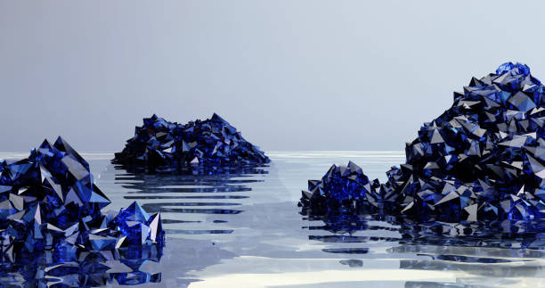 istock Blue crystal stones on water background with 3D render design. 1675068548