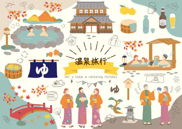 Vector illustration of People who enjoy hot spring trips in Japan