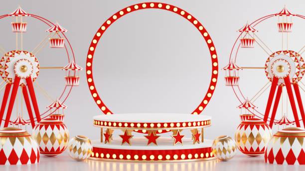 3D rendering for amusement park, circus, carnival fair theme podium with many rides and shops circus tent 3d illustration