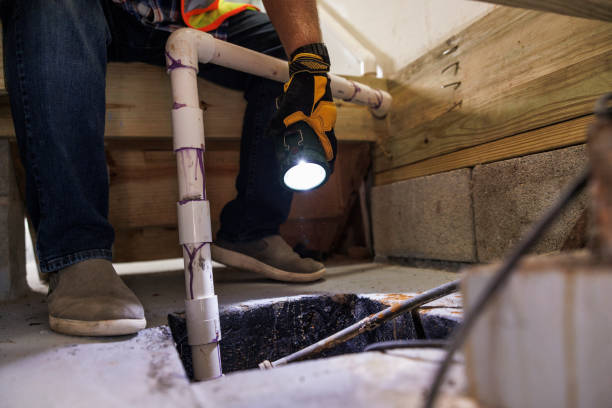 Sump pit crash inspection. Unrecognizable insurance claim agent's hands with flashlight inspect Sump Pit pipes, looking for damage