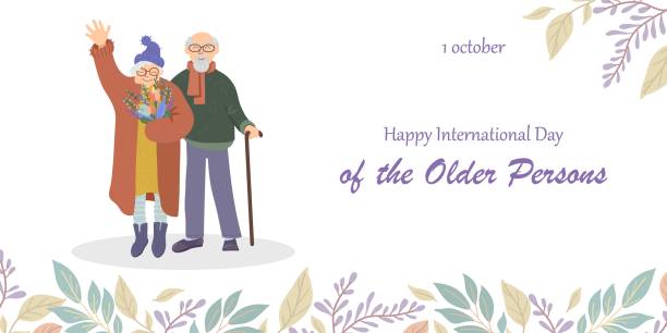 Banner for decoration for an elderly person, Elderly couple in cartoon style, leaves, inscription. Vector illustration Banner for decoration for an elderly person, Elderly couple in cartoon style, leaves, inscription. Vector illustration senior citizen day stock illustrations
