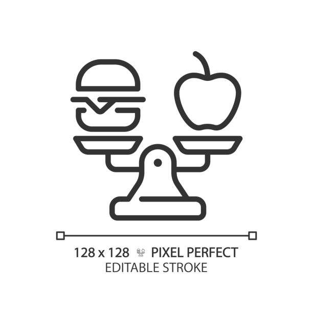 edytowalna cienka linia 2d czarna żywność na ikonie wagi - weight scale apple comparison balance stock illustrations