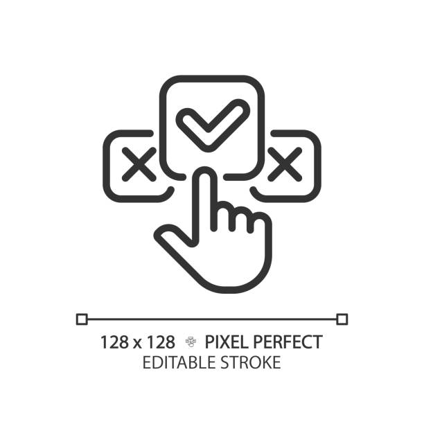 2D pixel perfect customizable black clicking on check mark icon, isolated vector, thin line illustration representing comparisons.