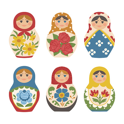 Set of Russian bright nesting dolls. Wooden colorful traditional toy. Vector illustration in cartoon style