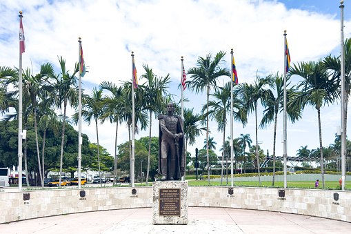 Miami, Florida - August 25th, 2023: Simon Bolivar bronze statue Downtown Miami.