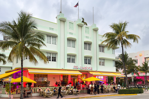 Miami, Florida - August 25th, 2023: Carlyle hotel facade in Ocean Drive, Miami Beach, Florida, USA.