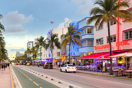 Miami, Florida - August 25th, 2023: Bright scenic view of buildings on Drive in South Beach, hotels, restaurants, Miami, Florida, USA.
