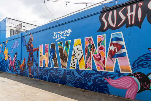 Miami, Florida - August 25th, 2023: Sushi sake with colorful decorated facade  in Little Havana in Miami, Florida