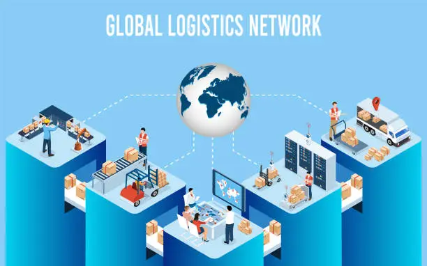 Vector illustration of 3D isometric Global logistics network concept with Transportation operation service, Supply Chain Management - SCM, Company Logistics Processes. Vector illustration EPS 10