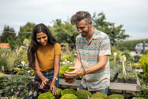 The buyer, an Indian woman and a white man, are choosing the first plants for their apartment, both smiling, a fun purchase. They buy seeds, spices, smell the spices.