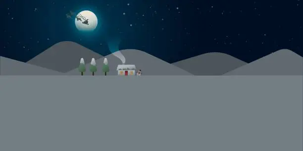 Vector illustration of Christmas night with log cabin, snowman and pines forest in snowland flat design vector illustration. Christmas greeting card template with blank space.