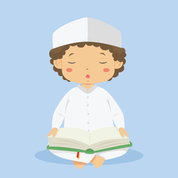 Cute Muslim Boy Reading Quran Character Vector Muslim boy reading Quran character vector. cute Muslim boy in white clothes with eyes closed, holding Quran. allah the god islam cartoons stock illustrations