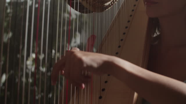 Hands of female harpist plucking strings of harp