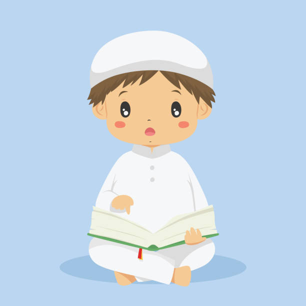 Cute Muslim Boy Reading Quran Character Vector Muslim boy reading Quran character vector. cute Muslim boy in white clothes reading Quran, and his finger pointing at the letters in the Quran. allah the god islam cartoons stock illustrations