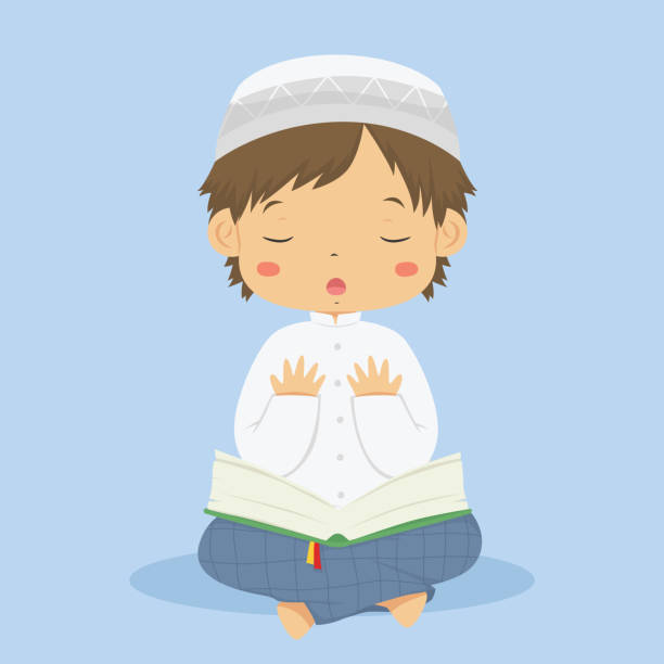 Cute Muslim Boy Praying with Hands Raised Character Vector Muslim boy praying character vector. cute Muslim boy in white clothes and blue sarong. praying with his hands raised, Quran on his lap. allah the god islam cartoons stock illustrations