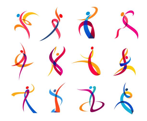 Dance movement, sport and yoga people body icons Dance movement, sport and yoga people icons, vector body silhouettes in fitness exercise. Gym, wellness studio and athletic training symbols of people body in color curve ribbon lines in sport dance aerobics stock illustrations