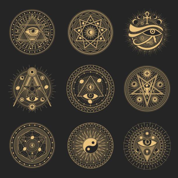 Pentagrams, occult esoteric or magic tarot symbols Mason signs, occult and esoteric pentagram symbols, vector magic tarot with Ankh and Horus eye. Occult pentagrams with Yin Yang, Baphomet devil skull and freemason illuminati heptagram stars egyptian demons stock illustrations