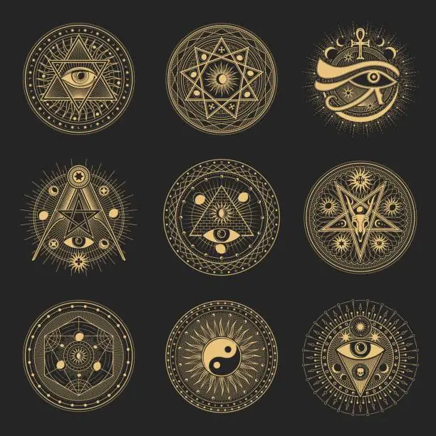 Vector illustration of Pentagrams, occult esoteric or magic tarot symbols