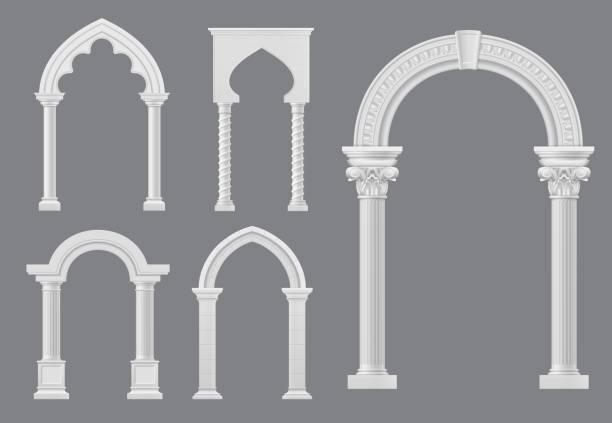 illustrazioni stock, clip art, cartoni animati e icone di tendenza di arco di marmo bianco del palazzo del castello, arco medievale - column roman vector architecture
