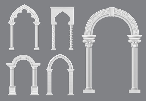 Castle and palace white marble arch, medieval archway or antique greek roman and arabian columns, vector architecture. Medieval arches on pillars, ancient stone entrance gates or marble archway