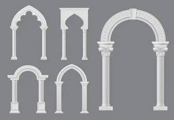 Vector illustration of Castle palace white marble arch, medieval archway