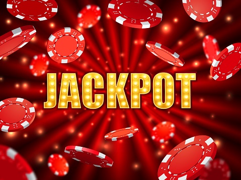 Casino jackpot background with flying gambling chips, poker game vector poster with gold light. Casino jackpot red tokens splash background for poker game lucky win or gamble lottery prize banner