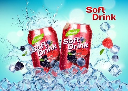 Wild berries mix tea drink can, splash and ice cubes in water splash, realistic vector background. Blackberry, raspberry and blueberry juice or lemonade soft drink or soda beverage can in ice cubes