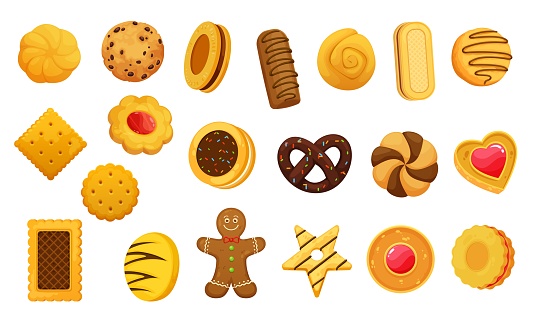 Cartoon chocolate, cracker and gingerbread cookies, isolated vector set. Biscuit and cookie cakes, bakery pastry and sweet bite icons, pastry sugar food cracker, choco cream cookie and butter biscuit