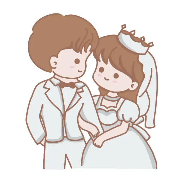 Vector illustration of wedding couple cute and simple flat cartoon style.