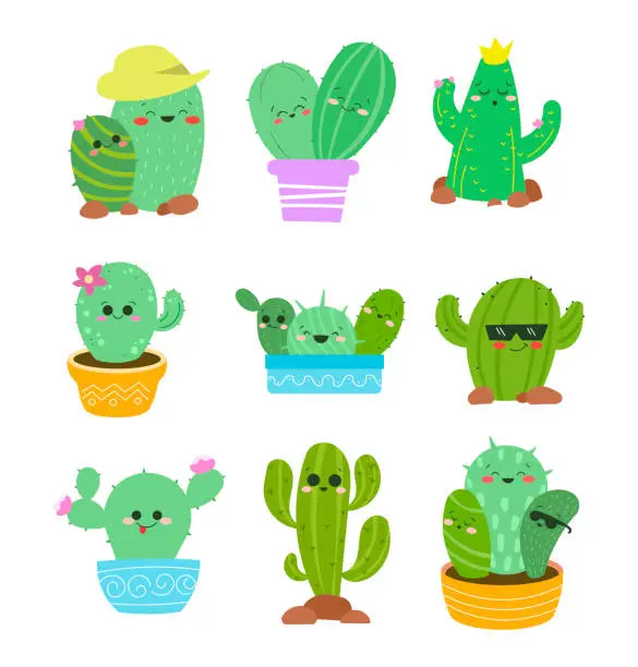 Vector illustration of Cute cactus cartoon character. Hand style. Funny plants with different emotions. Vector drawing. Collection of design elements.