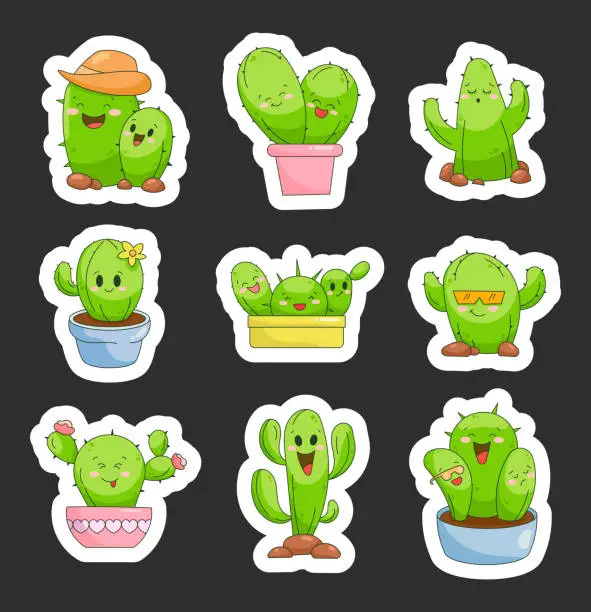 Vector illustration of Cute cactus cartoon character. Sticker Bookmark. Hand style. Funny plants with different emotions. Vector drawing. Collection of design elements.