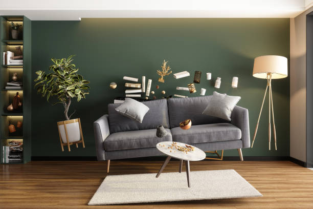 istock Zero Gravity Concept With Flying Sofa, Plant, Floor Lamp And Objects In Living Room 1675290745