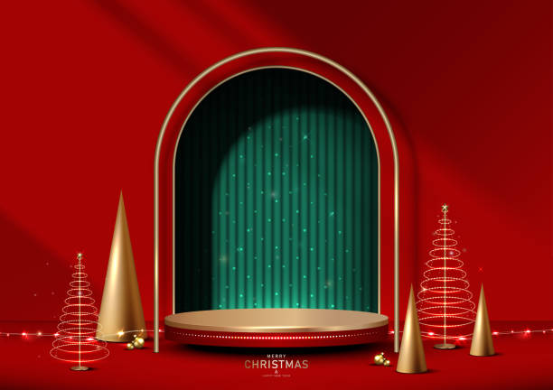 istock Abstract Christmas room background with Stage podium for product display decorated with elements decorative festive on Red background. Vector illustration. 1675300456