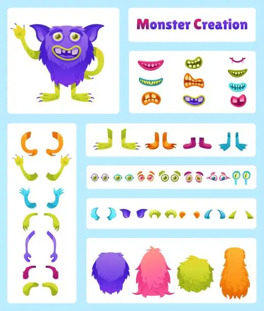 Vector illustration of Cartoon monster creation kit. Creature characters constructor with monsters eyes, mouths, horns, bodies, hands and foots to create your own alien animal vector