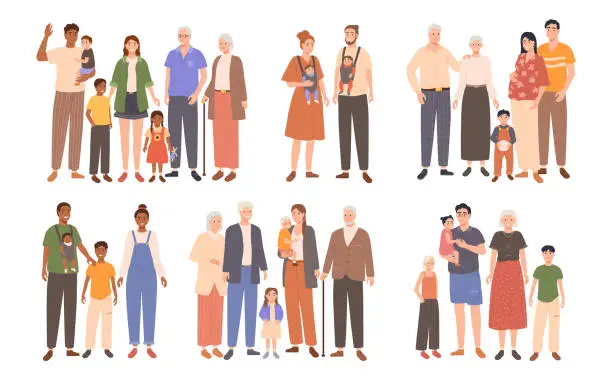Vector illustration of Cartoon family. Couples of parents with happy kids and grandparents, full family portrait vector illustration set