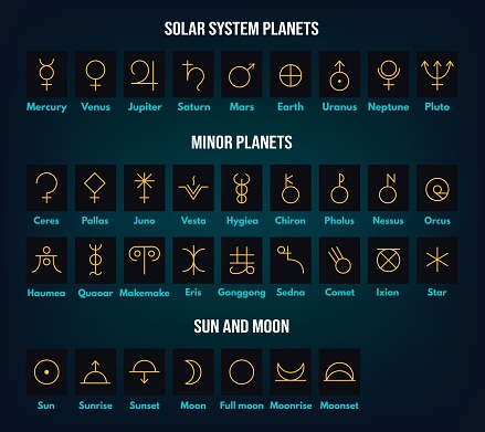 Planetary symbols. Astronomical solar system and minor planets, sun and moon signs. Simple alchemy vector outline icons set. Sunrise, sunset, moonrise and moonset, star isolated elements