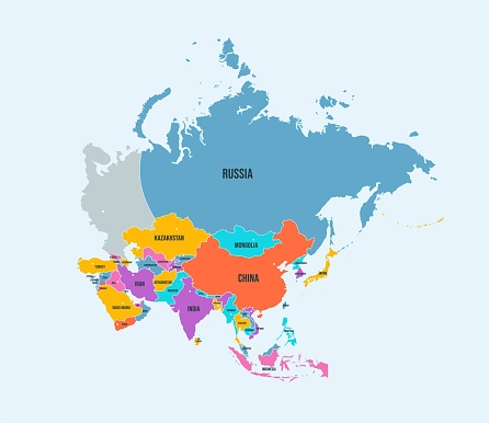 Asia continent political map. Tapestry of Asia with country borders and names isolated vector infographic illustration. Detailed cartography with boundaries. Geography word wild contours