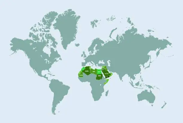Vector illustration of Map of Arab world. Islamic geography, Arab-speaking countries bridging East Africa to Asia. Vector infographic illustration