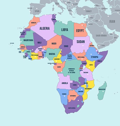 Political Map of Africa continent. English labeled countries names and Africa region borders vector illustration. Detailed template with colorful boundaries of separate land states