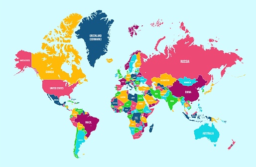 Political world map. Detailed continents, countries borders and names atlas for global travel, statistic or infographic design vector illustration. Colorful map with national boundaries