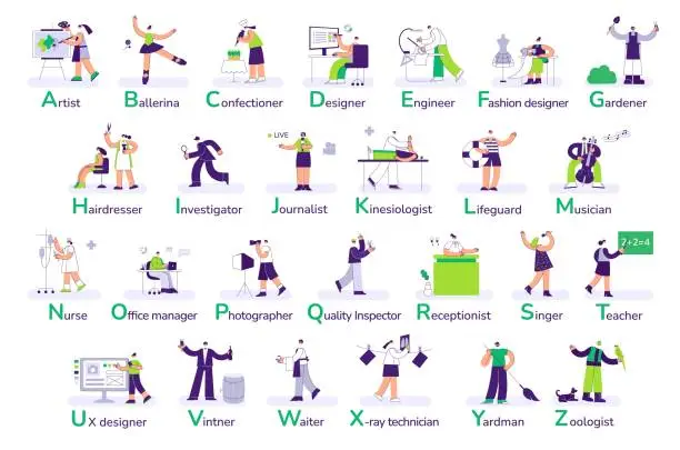 Vector illustration of Professions alphabet. Job market, select a profession from list with alphabetical order. Different types of work and occupation search flat vector illustration