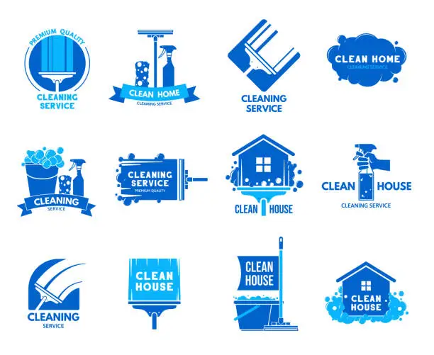 Vector illustration of Cleaning service emblem. House cleaning company badges, professional templates with cleaning equipment vector set