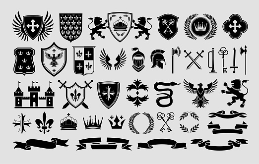 Stencil heraldic emblem templates. Traditional snake, lion and eagle symbols. Medieval weapons, shields and royal castle labels vector set. Curved ribbons, king and queen crowns collection