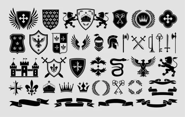 Vector illustration of Stencil heraldic emblem templates. Traditional snake, lion and eagle symbols. Medieval weapons, shields and royal castle labels vector set