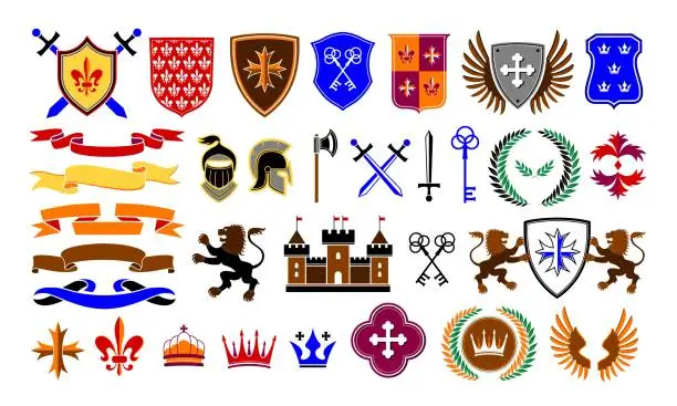 Vector illustration of Antique heraldic emblem templates. Traditional medieval weapon and shields labels, royal crown, lion and ribbon vector set