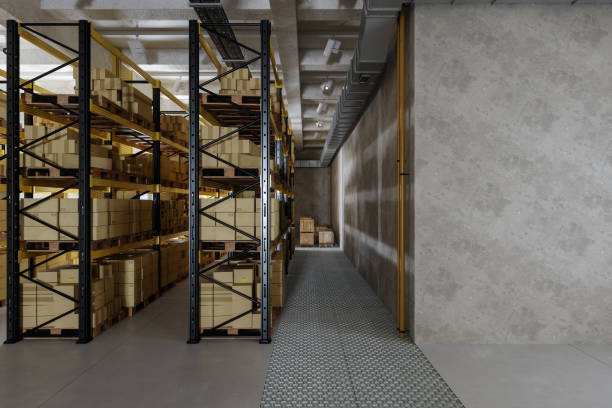 istock Distribution Warehouse Interior With Empty Wall And Cardboard Boxes On The Racks 1675308365