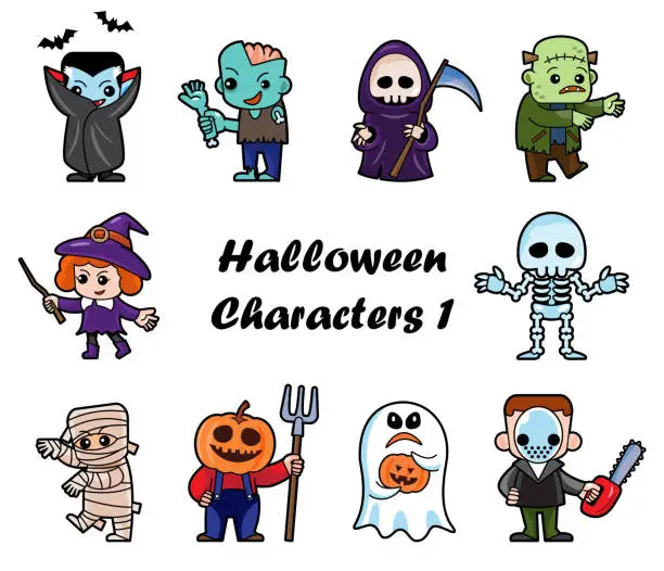 Vector illustration of Cute halloween cartoon characters . White isolated background . Vector . Set 1 of 4 .
