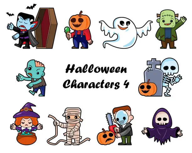 Vector illustration of Cute halloween cartoon characters . White isolated background . Vector . Set 4 of 4 .